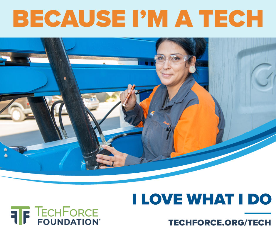 A technician work on a crane, with her quote "Because I'm a Tech I love what I do" superimposed over the image.