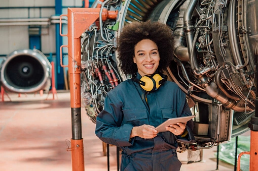 A smiling African American woman in a technician uniform holds a digital scan tool while standing next to a partially disassembled jet engine.