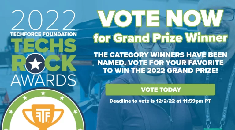 A graphic promoting the 2022 Techs Rock Awards Grand Prize Vote. The text reads "Vote Now for Grand Prize Winner. The Category Winners have been named. Vote for your favorite to win the 2022 Grand Prize. Vote Today! Deadline to vote is 12/2/22 at 11:59 PM PT.