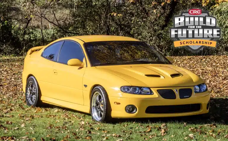 An image of a yellow 2006 Pontiac GTO, with the CRC "Build for the Future" logo stamped in the top right corner of the image.